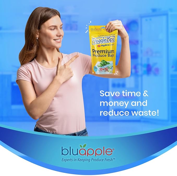 Bluapple VeggieZips Premium Produce Storage System - 40 Piece Set, 20 Food Saver Bags + 20 HydroLiners, Keep Produce Fresh Longer, Washable & Reusable Bags with Humidity Control for Fruit & Vegetables