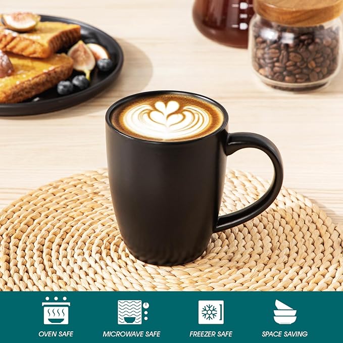 vancasso PLAYA Ceramic Coffee Mug Set of 6, 16 Oz Tea Cups with Handle for Latte, Tea, Cappuccino, Milk, Cocoa, Microwave&Dishwasher Safe, Black