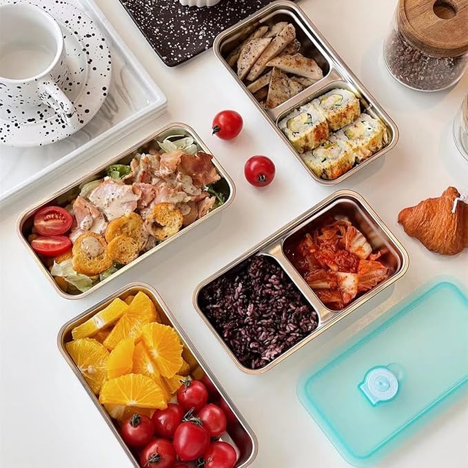 4PCS Grab and Go Snack Containers Stainless Steel Double Compartment Snack Containers, Dishwasher- Reusable Condiment Container with Lids, Snacks Dips Takeout Travel and Outdoor Camping