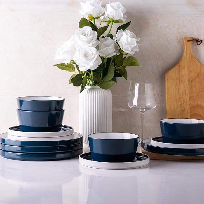 AmorArc Ceramic Dinnerware Sets for 6, 18 Piece Stoneware Plates and Bowls Set, Chip and Crack Resistant Plates Set, Dishwasher & Microwave Safe Ceramic Dishes - Service for 6