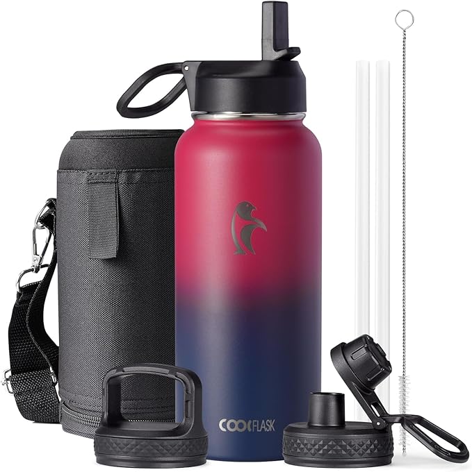 Water Bottle 32 oz Insulated with Straw, Coolflask Stainless Steel Metal 3 Lids Water Flask Wide Mouth for Sports or Office, Non-BPA Keep Cold Up to 48 Hrs or Hot Up to 24 Hrs, Ombre Wine/Navy