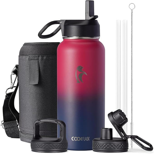 Water Bottle 32 oz Insulated with Straw, Coolflask Stainless Steel Metal 3 Lids Water Flask Wide Mouth for Sports or Office, Non-BPA Keep Cold Up to 48 Hrs or Hot Up to 24 Hrs, Ombre Wine/Navy