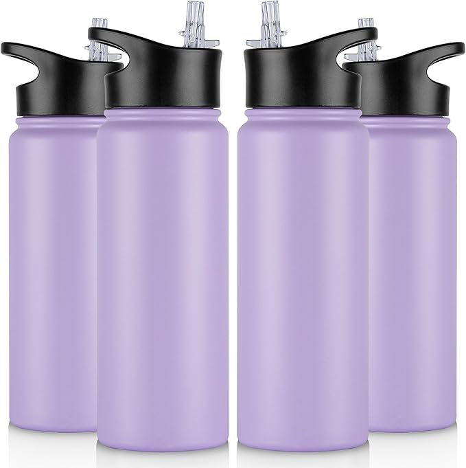 24 oz Insulated Water Bottle Bulk 4 Pack, Stainless Steel Sports Water Bottles with Straw Lid & Wide Mouth Lids, Double Walled Vacuum, Leak Proof, Purple