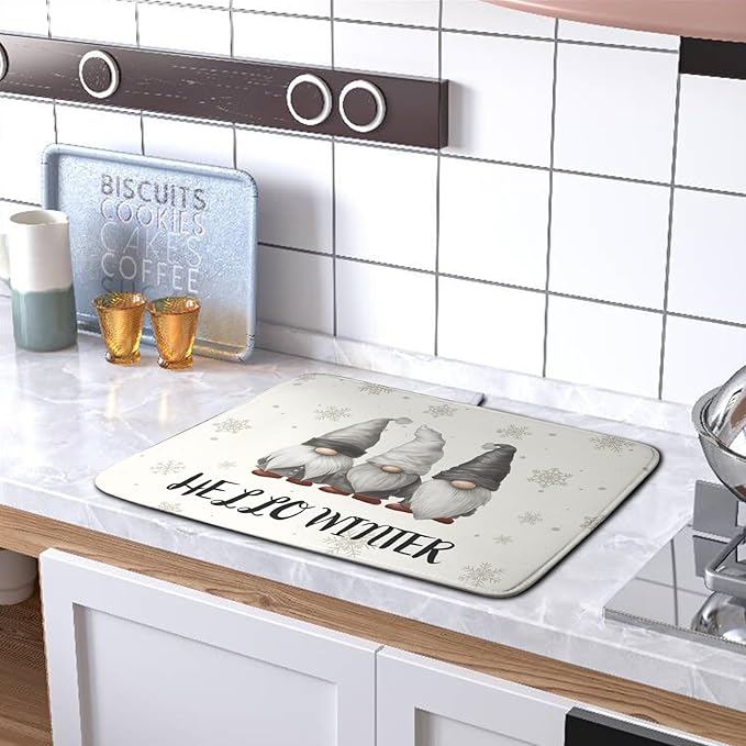 Winter Gnome Dish Drying Mat for Kitchen Counter 16x18 Christmas Snowflakes Santa Kitchen Drying Mat Hello Winter Dish Drainer Mat Super Absorbent Dish Rack Mat for Coffee Bar Countertop