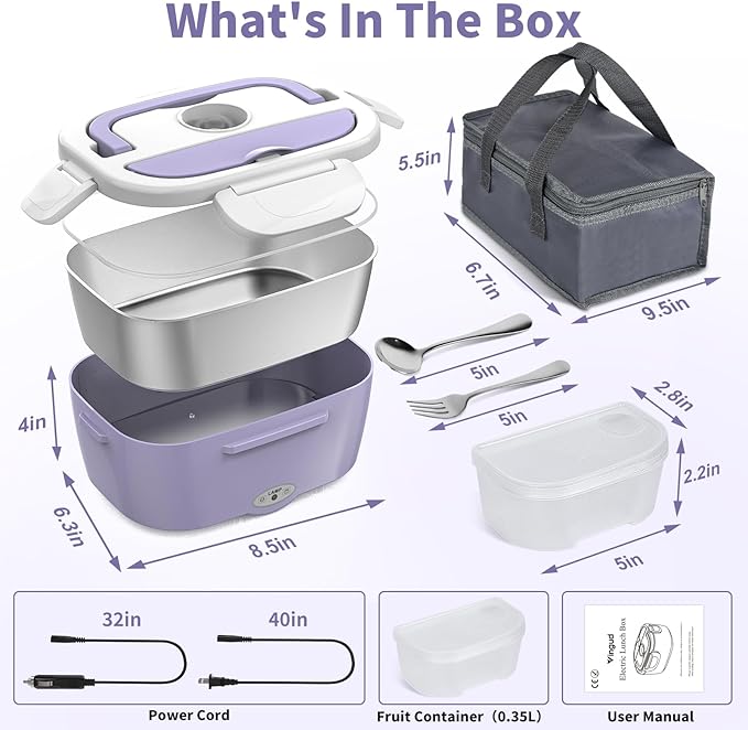 Vingud Electric Lunch Box for Adults, 80W Heated Lunch Box with 2 Stainless Steel Container, 1.5L Portable Food Warmer Lunch Boxes for Work Men Car Truck, 110V/12V/24V/240V (Light Purple)