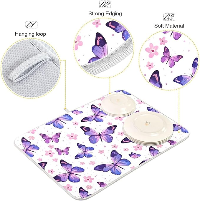 Pink Purple Butterfly Flower Dish Drying Mat for Kitchen Counter Absorbent Dish Drainer Mats Drying Pads 18"x24"