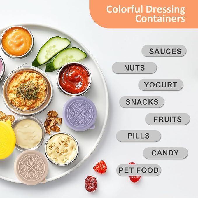 6x1.6 Oz Salad Dressing Containers With Lids, Stainless Steel Small Condiment Containers with Leakproof Silicone Lids, Reusable Sauce Containers for Lunch Boxes