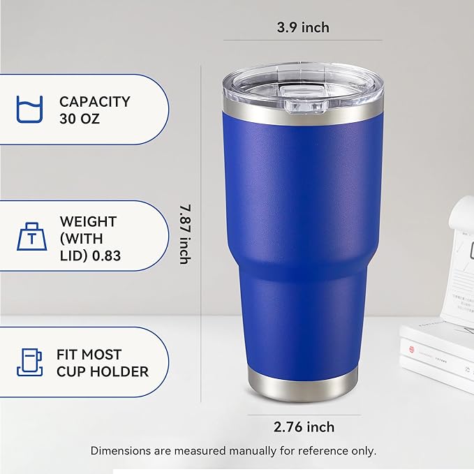 30 oz Tumbler with Lid Stainless Steel Tumblers Bulk Vacuum Insulated Cup Reusable Powder Coated Travel Mug Double Wall Leak Proof Cups Keep Cold Drinks for 12 Hours Blue, Set of 4