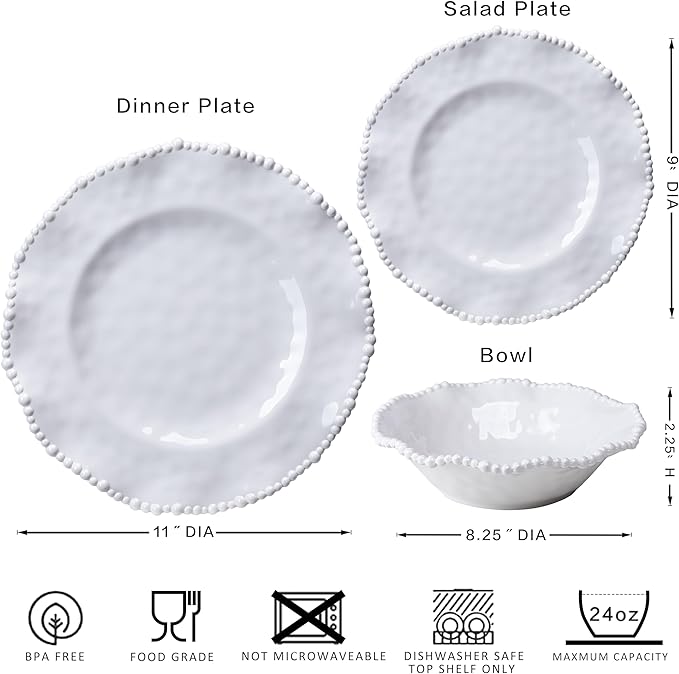 Cream 12pcs Beaded 100% Melamine Dinnerware Set, Elegant Scalloped Edge Durable & Shatterproof Outdoor Dining Set,Unbreakable Plates & Bowls Set for Indoor/Outdoor Use, Dishwasher Safe