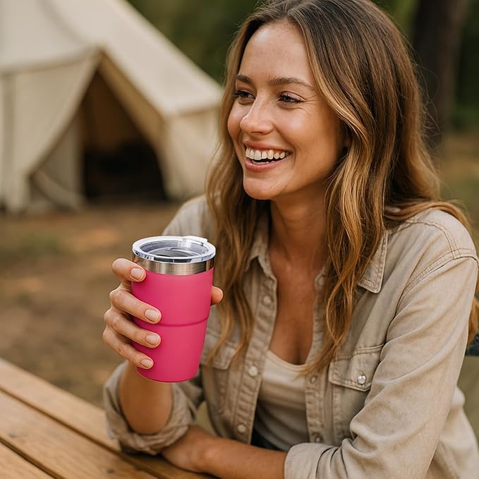 8 oz Espresso/Coffee Cup with Magnetic Lid, Ceramic-Lined 18/8 Stainless Steel, Double-Wall Vacuum Insulated, Stackable, Dishwasher Safe, Mini Tumbler for On-the-Go (Hot Pink, 2 Pack)