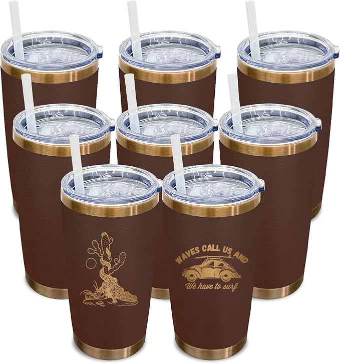 20 oz Tumbler Bulk 8 Pack Stainless Steel Tumblers with Lids and Straws, Double Wall Vacuum Insulated Travel Coffee Mug for Laser Engrave, Powder Coated Cups for Hot and Cold Drinks (Brown,8 pack)