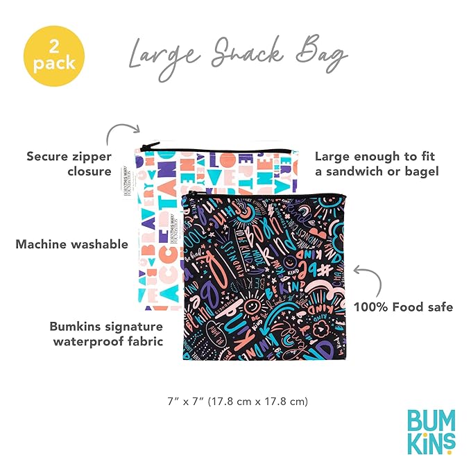 Bumkins Reusable Sandwich and Snack Bags, for Kids School Lunch and for Adults Portion, Washable Fabric, Waterproof Cloth Zip Bag, Travel Pouch, Food-Safe Storage, Large 2-pk Born This Way Kindness