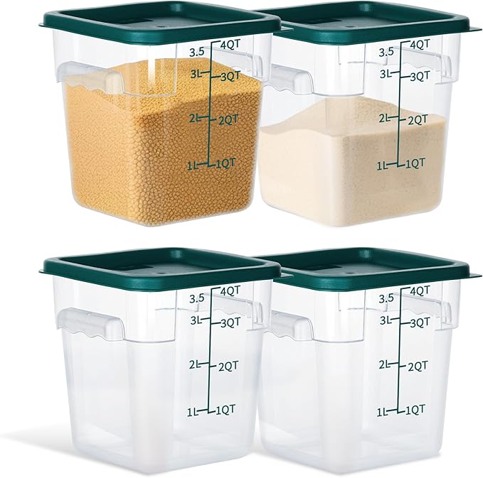 4 Pack Food Storage Containers, 4 Quart with Lids, Square Commercial Containers with Scale, Clear NSF Food Organizing, Polycarbonate