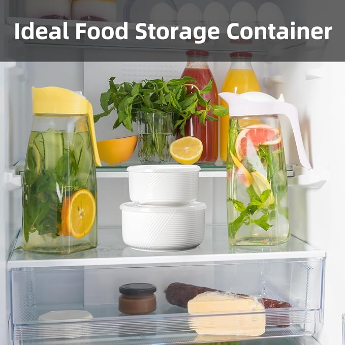 Ceramic Nesting Bowls with Lid: Microwave Safe Food Storage Containers for Work Lunch Picnic Camping Meal Prep Soup Salad Cereal Leftovers - 5 & 6 Inch, 20 & 32 oz, Set of 2, White