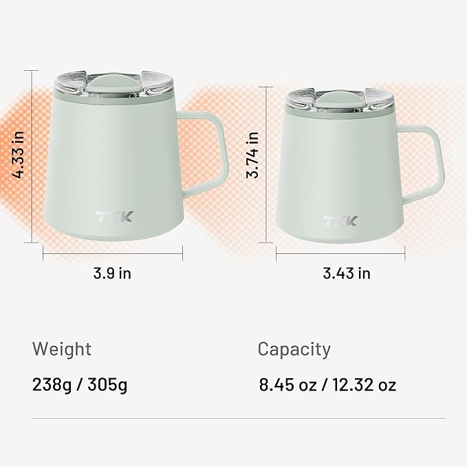 TKK 12 oz Insulated Coffee Mug with Handle Ceramic Coating Detachable Slider Lid Stainless Steel Tumbler Double Wall Vacuum Travel Cup