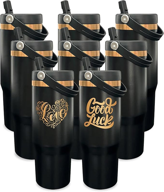 30 oz Tumbler Bulk with Handle and Straw, Vacuum Insulated Tumblers with Flip Straw and Top Handle, Leakproof Powder Coated Tumbler, Stainless Steel Travel Mug for Coffee Water (Black, 8 Pack)