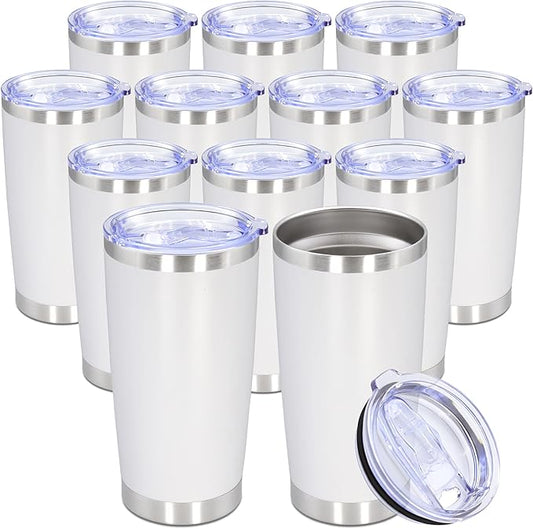 20oz Tumbler Bulk Stainless Steel Tumbler Cup with Lid Vacuum Insulated Double Wall Travel Mug, Durable Powder Coated Travel Coffee Tumbler Mug for Hot & Cold Drinks, White,12 Pack