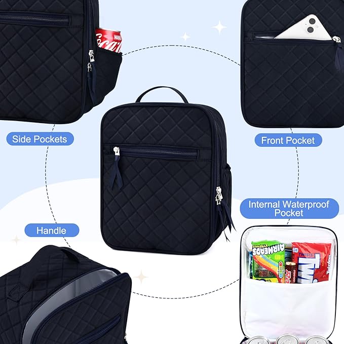 Aileam Lunch Box Lunch Bag for Women Cute Girls Lunch Box Insulated Womens Lunch Bag For Work Quilted Large Capacity Reusable Insulated Cooler for Work School Picnic Travel, Navy Blue