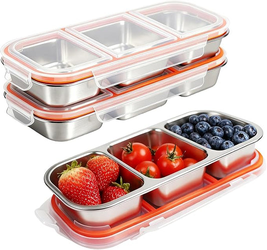 3 Pack 304 Stainless Steel Snack Containers, Reusable Leek Proof Metal Lunch Box with 3 Compartment, Food Storage Containers for Home, Work, Travel
