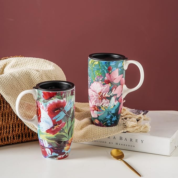 Topadorn Ceramic Coffee Mug Travel Mug with Lid Tea Cup,Set of 2,17oz.Dragonfly