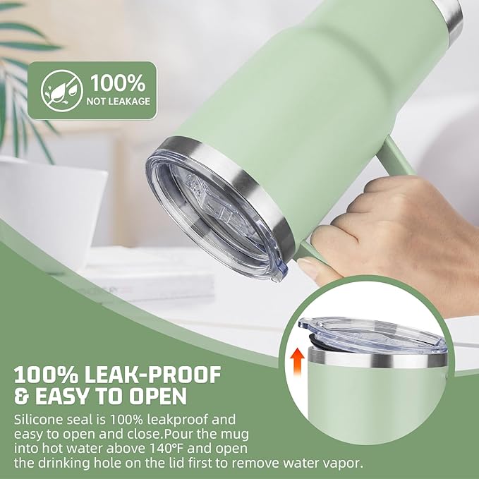 20 oz Tumbler with Handle Stainless Steel Insulated Coffee Tumbler with Lid and Straw Double Wall Vacuum Insulated Coffee Mug Leak Proof Travel Mug Tumbler for Hot and Cold Drink (Green Tea,8pack)