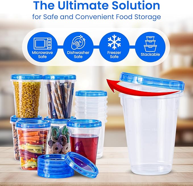 RFAQK 24 PCS Freezer Storage Containers with Lids-12 Plastic 32 oz Deli Containers with 12 Screw Lids-Freezer Containers for Soup with Twist Top Lids-Reusable Plastic Box for Lunch, Gym, Travel