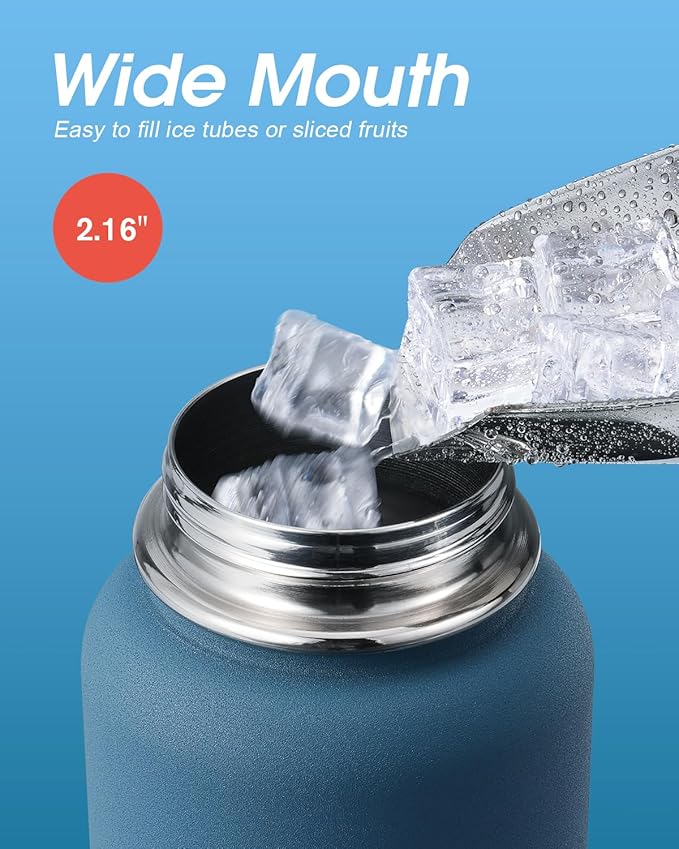 Water Bottle 32 oz Insulated with Straw, Coolflask Stainless Steel Metal 3 Lids Water Flask Wide Mouth for Sports or Office, Non-BPA Keep Cold Up to 48 Hrs or Hot Up to 24 Hrs, Samurai Cyan