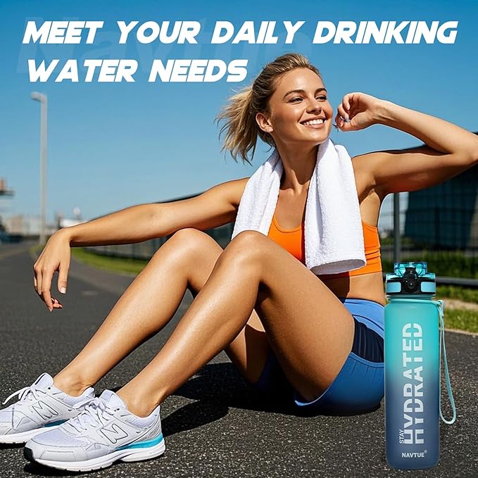 Water Bottle, 32 oz Sports Water Bottles with Time Marker Wide Mouth, Motivational and Leakproof Drink Bottle, BPA Free Tritan with Carry Strap for Gym Fitness Outdoor(Direct Drink 1 Bottle)