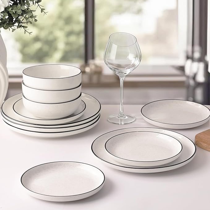 Plates and Bowls Sets for 4,12 Pieces Ceramic Dish set, White Dinnerware Set for Kitchen, Modern Design Plate Sets with Black Rim, Microwave and Dishwasher Safe