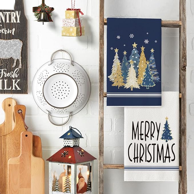 Artoid Mode Blue Xmas Tree Merry Christmas Kitchen Towels Dish Towels, 18x26 Inch Farmhouse Star Snowflakes Decoration Cleaning Set of 2
