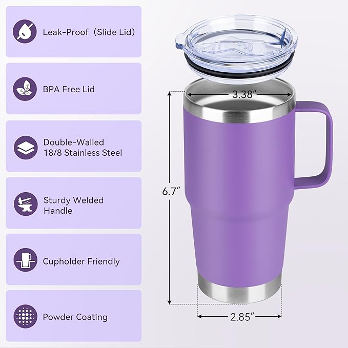 20oz Tumbler with Lid, Stainless Steel Tumbler with Handle, Metal Insulated Travel Coffee Mug with Handle, Double Wall Vacuum Spill Proof Tumbler Cup, Purple 1 Pack