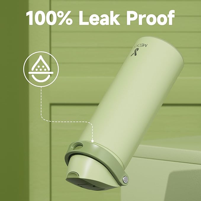 24 oz Insulated Water Bottle with Straw: Meoky Stainless Steel Metal Water Bottle with 2-in-1 Lid - Leak Proof, Cold for 24 Hours, Protective Silicone Base, BPA-Free for Sports Travel Car, Sage