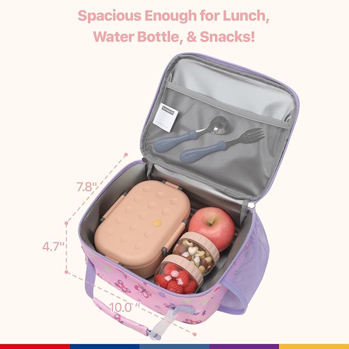 Bagseri Kids Lunch Bag for Girls - Insulated Kids Lunch Box for Daycare and School Reusable Meal Tote Bag with Water Bottle Holder, Easy-Clean Water-Resistant Fabric, Pink Butterfly
