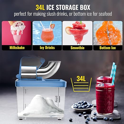 VEVOR 110V Commercial Ice Crusher 661LBS/H, ETL Approved 300W Electric Snow Cone Machine with Dual Blades, Stainless Steel Shaved Ice Machine with Safety On/Off Switch for Family, Restaurants, Bars