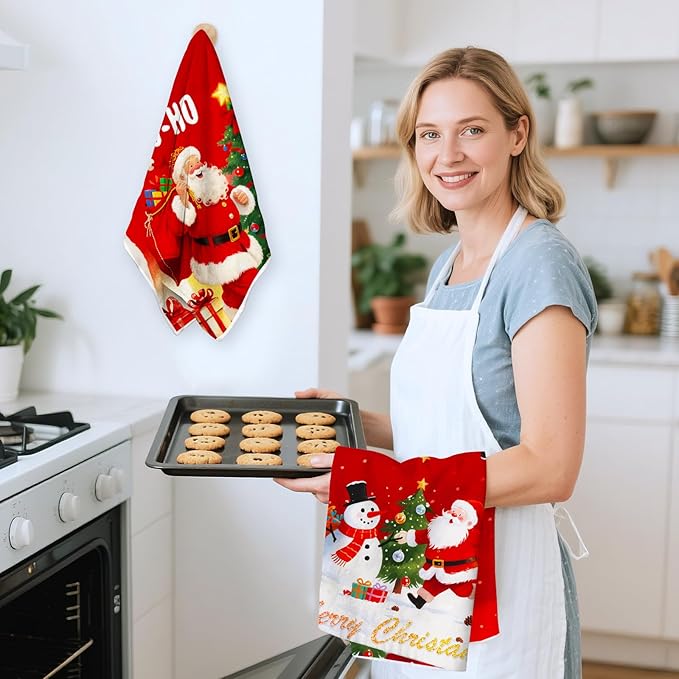 2PC Christmas Kitchen Towels,Red Dish Towels Xmas Absorbent Christmas Towels Decoration Winter Holiday Snowman Housewarming Gift for Kitchen Hand Towel 18 x 27 Inch