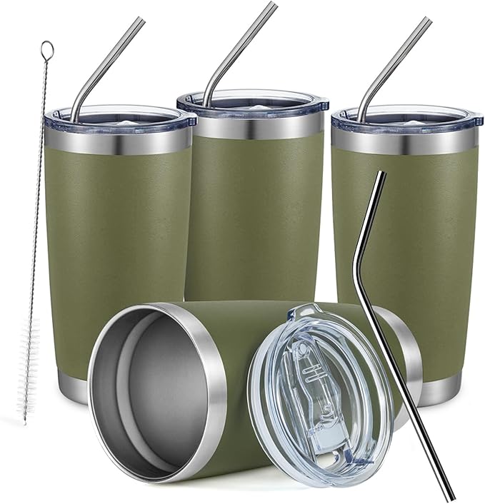 COMOOO 20oz Tumbler Bulk Double Wall Vacuum Insulated Travel Mug, Stainless Steel Tumbler with Lid and Straw Durable Powder Coated Insulated Coffee Cup for Cold & Hot Drinks (Army Green, 4 Pack