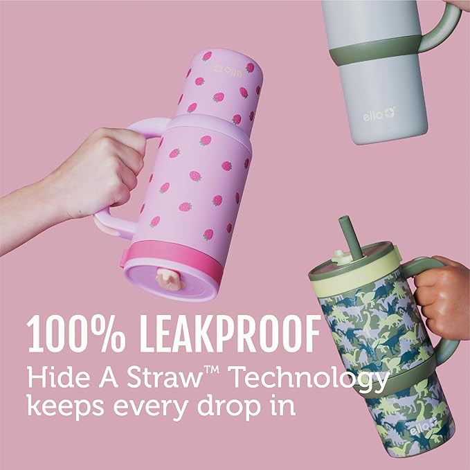 Ello Oasis 18oz Kids Tumbler with Handle & Retracting Straw, 100% Leakproof Reusable Insulated Stainless Steel Cup, Gifts for Teens Girls Boys, Keeps cold for 18 Hours, Cup Holder Friendly, Glacier