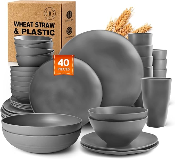 Teivio 40-Piece Flatware Kitchen Plastic Wheat Straw Dinnerware Set,Service for 8,Dinner Plates, Dessert Plate,Cereal Bowls,Pasta Bowls,Cups,Unbreakable Plastic Outdoor Camping Dishes,Irregular Gray