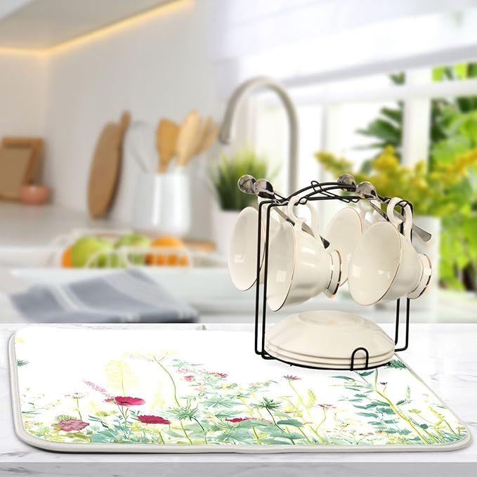 Spring Summer Herbs Flowers Plants Dish Drying Mat for Kitchen Counter Absorbent Dish Drainer Mats Drying Pads 16"x18"