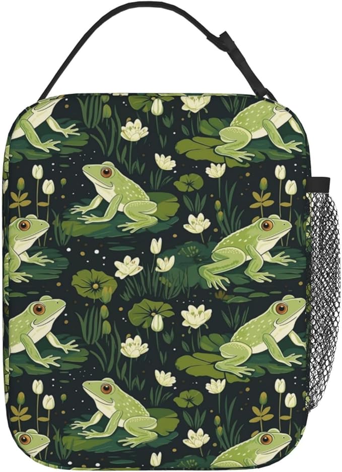 Reusable Cute Frog Lunch Box for Kids, Insulated Vibrant Lily Pad Lotus Leaf Dark Green Bag,Polyester Cooler Animal Lovers Handbags Case for School Picnic Work Travel Beach or Hiking, Gifts