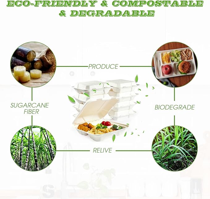 Vplus 100% Compostable Clamshell Take Out Food Containers, 90 PACK 8 inch x 8 inch Eco-Friendly Disposable 3 Compartment, Heavy-Duty Bagasse To-Go Containers for Next Day Lunch, Potluck Party