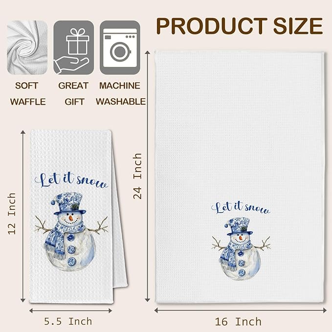 Blue Chinoiserie Christmas Snowman Kitchen Towels, Grandmillennial Xmas Dish Towels Drying Cloth for Kitchen, Let It Snow Winter Snowman Decorative Hand Towel for Bathroom, 16x24 Inch