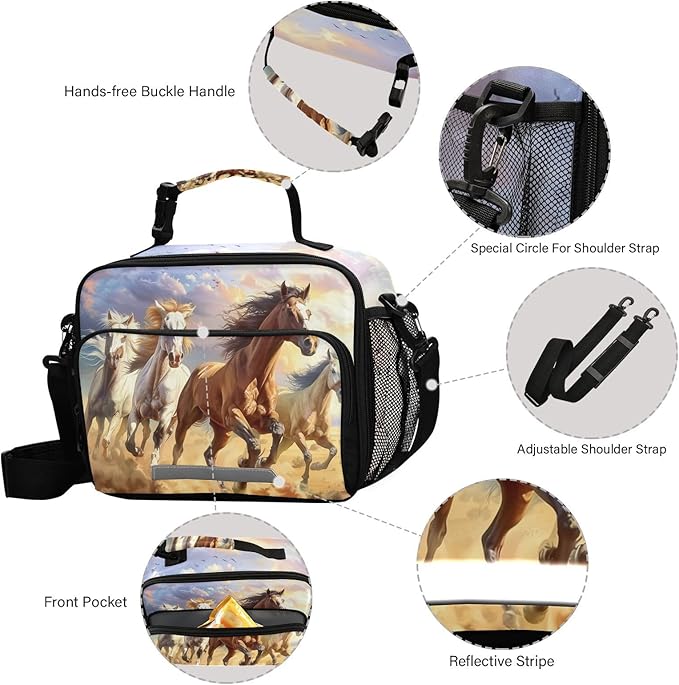 ALAZA Horses Kids Lunch Box Lunchbox Insulated Reusable Meal Container Lunch Bag with Shoulder Strap for School Girls Boys