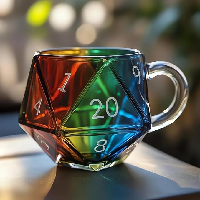 Rainbow Glass D20 Dice Mug, Polyhedral Dice Coffee Cup with Handle, Transparent Glass Game Mug for RPG Lovers, Fantasy Themed Gift for Game Night, Board Games Enthusiasts (1PC)