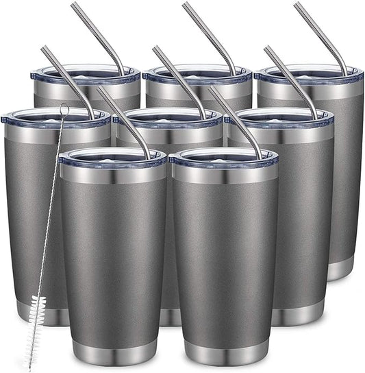 COMOOO 20oz/8Pack Tumbler Double Wall Vacuum Insulated Coffee Travel Mug Stainless Steel Tumbler with Lid and Straw Coffee Cup for Cold & Hot Drinks, Home and Outdoor (Cold Grey, 8 Pack)