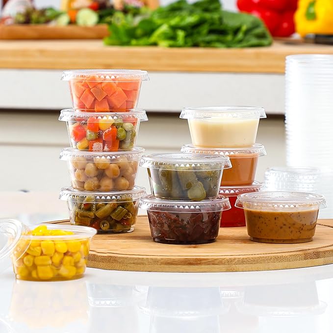 AOZITA 400 Set 2 oz Jello Shot Cups with Lids, Stackable Food Safe Disposable Plastic Portion Condiment Dipping Sauce Cups, Small Containers for Salad Dressing