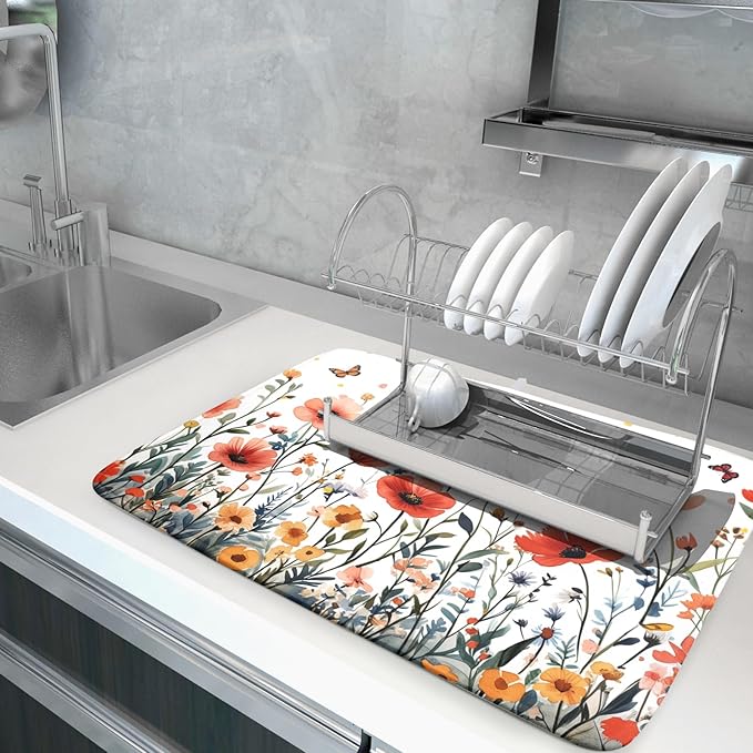 Poppy Flower Dish Drying Mat 18x24 Inch Floral Leaves Dish Drainer Protector Pad Washable Reversible Drying Pad for Kitchen Counter Sink