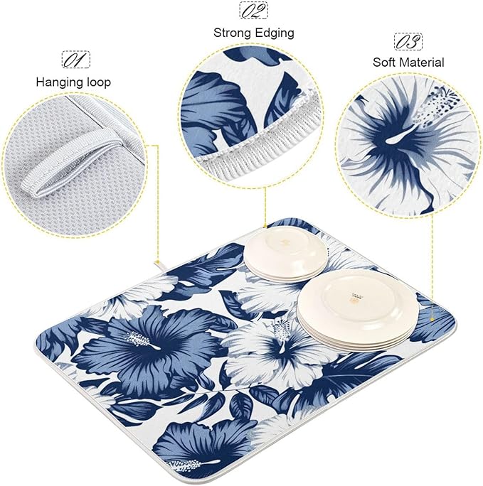 Blue White Hibiscus Flowers Dish Drying Mat for Kitchen Counter Super Absorbent Dishes Pad Reversible Microfiber Protector Dish Draining Mats 18x24 inch