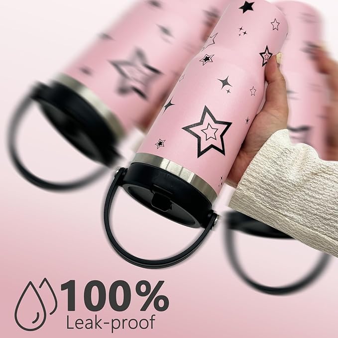 30 oz Tumbler with Handle and Straw, Vacuum Insulated Tumblers with Flip Straw and Top Handle, Leakproof Tumbler, Stainless Steel Travel Mug for Coffee Water, Cold for 20 Hours(Pink Star)
