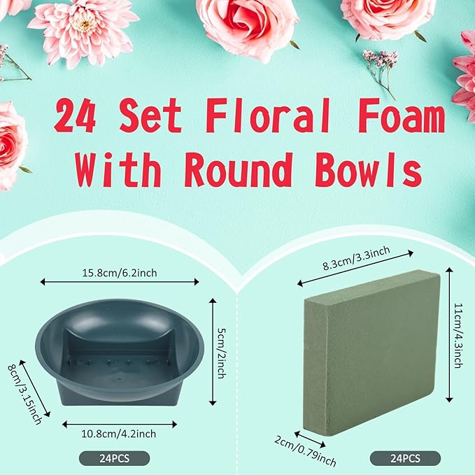 Aemygo 6.3 Inch Round Floral Foam 24 Sets Large Size DIY Flower Foam with Bowl, Round Flower Arrangement Kit Green Floral Arranging Supplies for Wedding Birthday Party Decoration